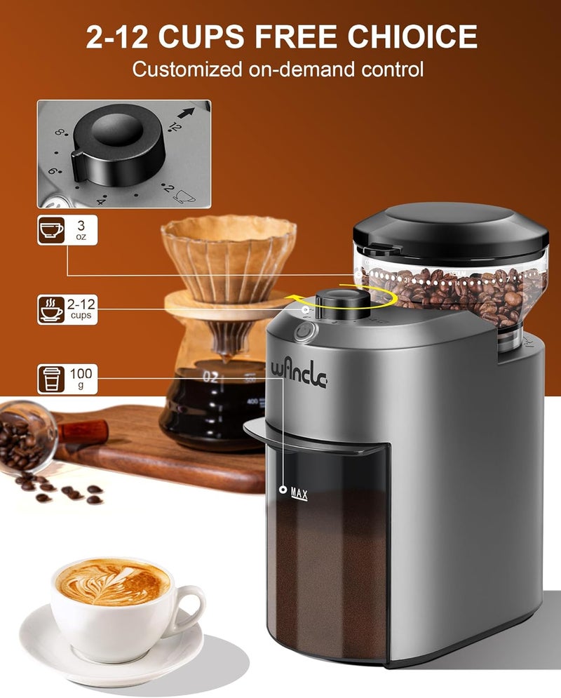 wancle مطحنة قهوة - مطحنة قهوة كهربائية - مطحنة قابلة للتعديل مع 28 إعداد - 12 كوب - مطحنة حبوب قهوة احترافية - رمادي - Image 4